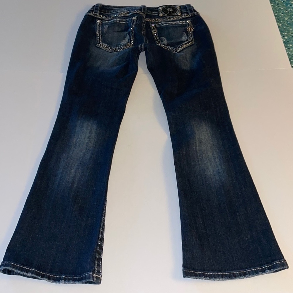 MISS ME 27 Signature Boot-cut distressed 5 Pocket Jeans Low Rise Factory Fading - Picture 13 of 16